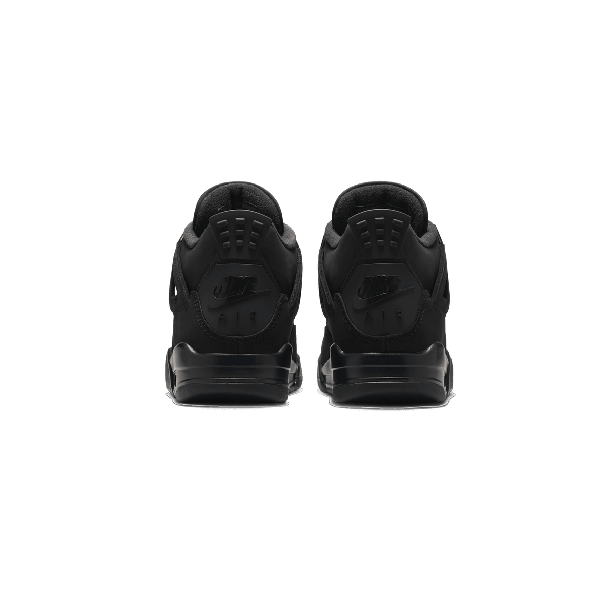 Rear view of a pair of black Air Jordan 4 sneakers showing matching heel tabs with raised Nike Air logo and black outsoles.