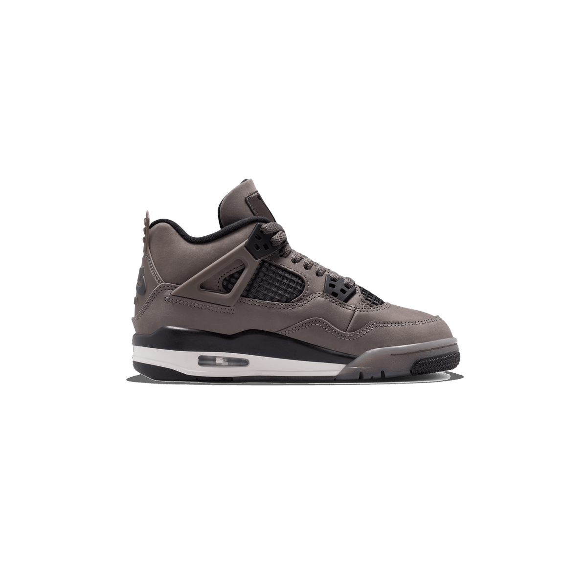A single grey-brown high-top Air Jordan 4 sneaker shown from the outside (lateral side) with the toe pointing left, featuring black mesh panels, black accents, a white midsole with a visible Air unit, and a black outsole.