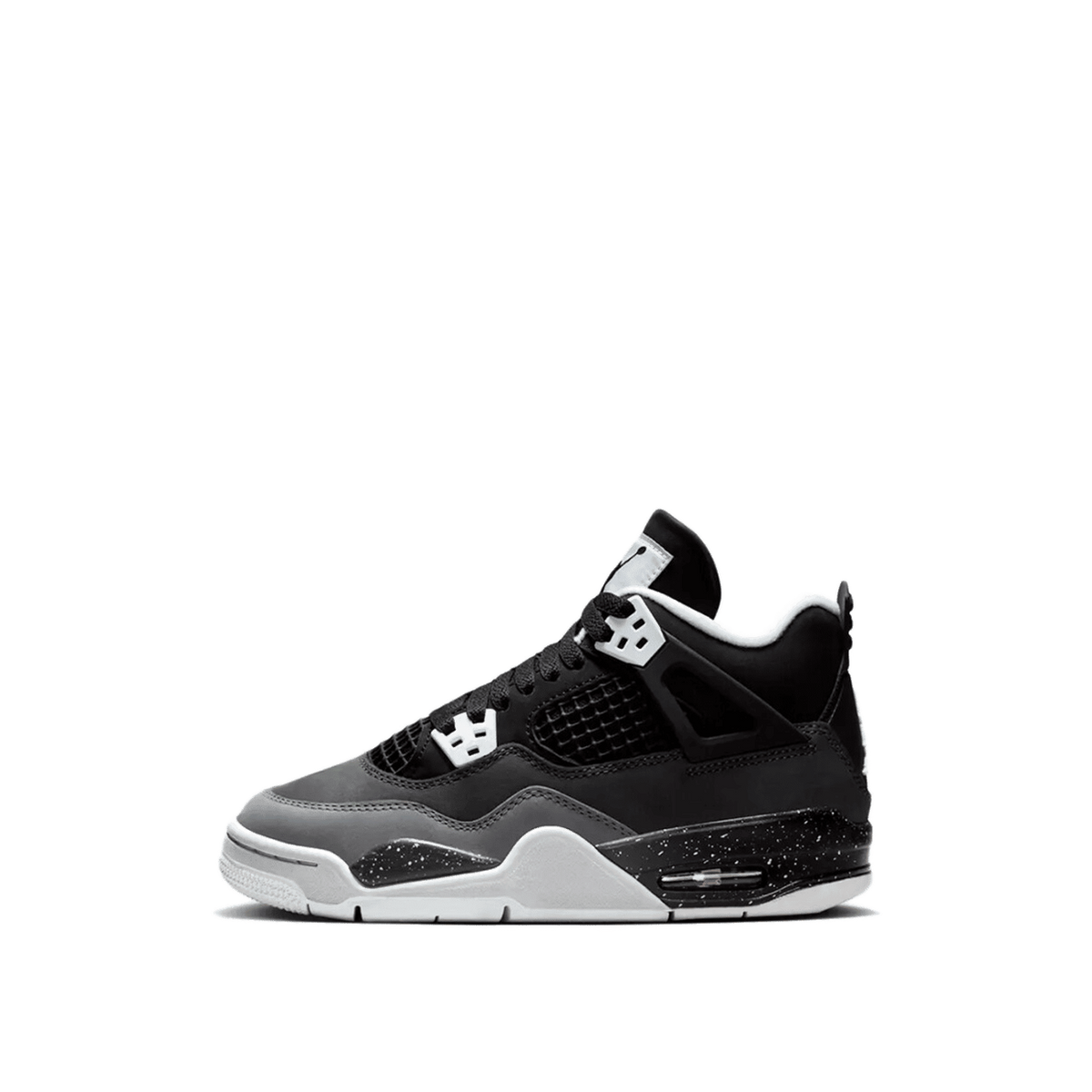 Lateral view of a black and gray Air Jordan 4 Retro sneaker with white lace locks, mesh panels, and a speckled gray midsole, toe pointing left.