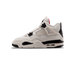 Side view of a white Air Jordan 4 sneaker with black lace locks, mesh side panel, black heel accent, and black midsole trim, toe pointing left.