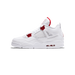 A single white Air Jordan 4 sneaker shown from the side with the toe pointing left, featuring red metallic lace locks, red heel tab, red pull tab, and a visible red Air unit in the midsole.