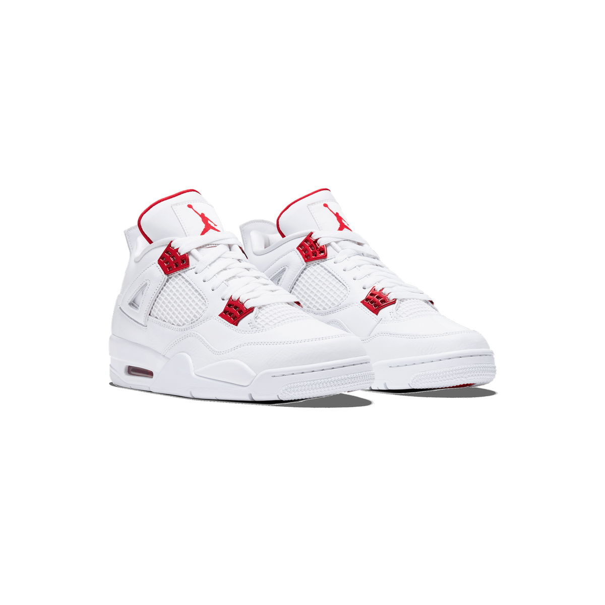 A pair of white Air Jordan 4 sneakers with red metallic eyelets, red Jumpman logos on the tongues, and red accents on the tongue edges and visible Air unit, shown side by side angled to the left.