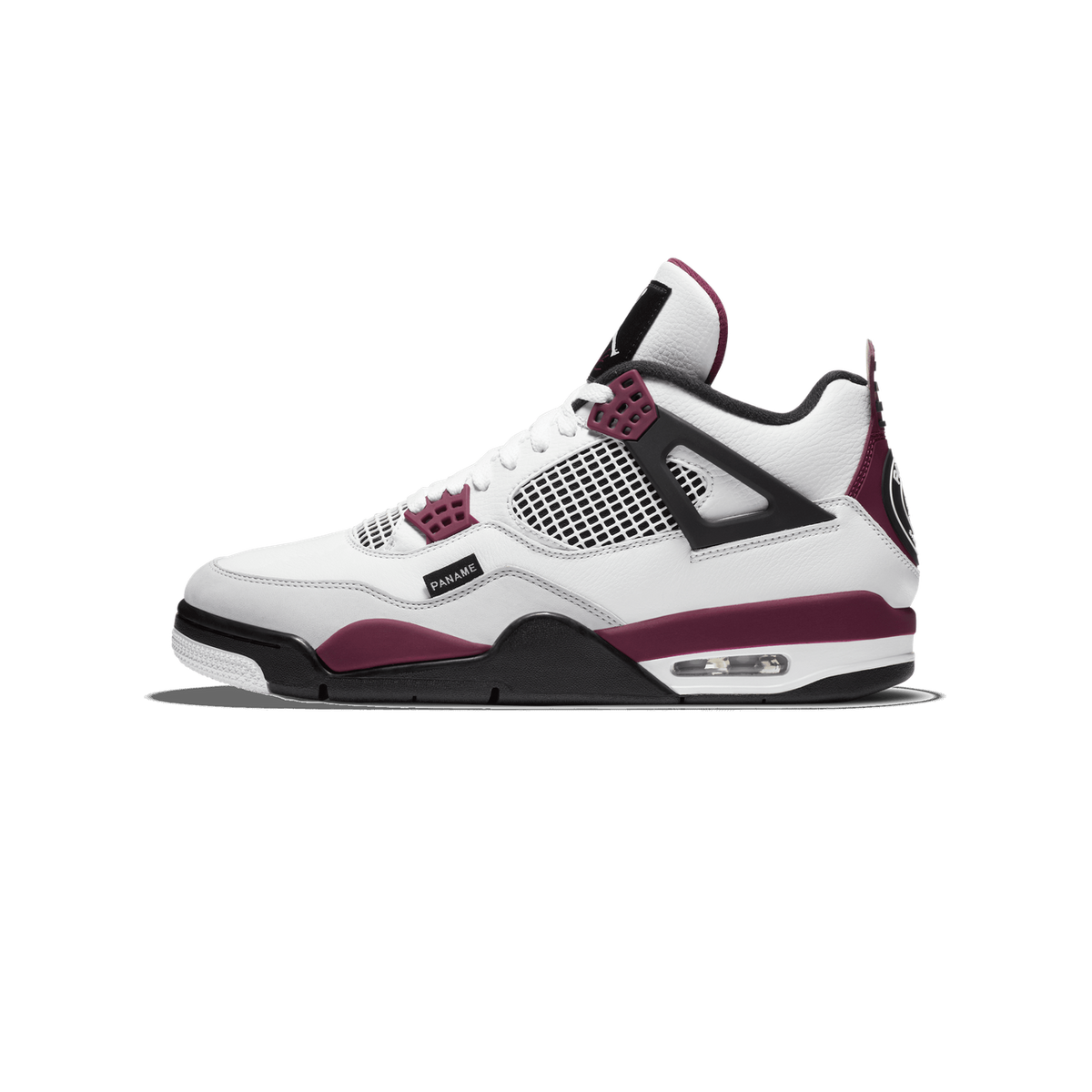 Side profile of a white Air Jordan 4 sneaker with burgundy accents, black mesh panels, and a black 'PANAME' tag on the forefoot, shown with the toe pointing left.