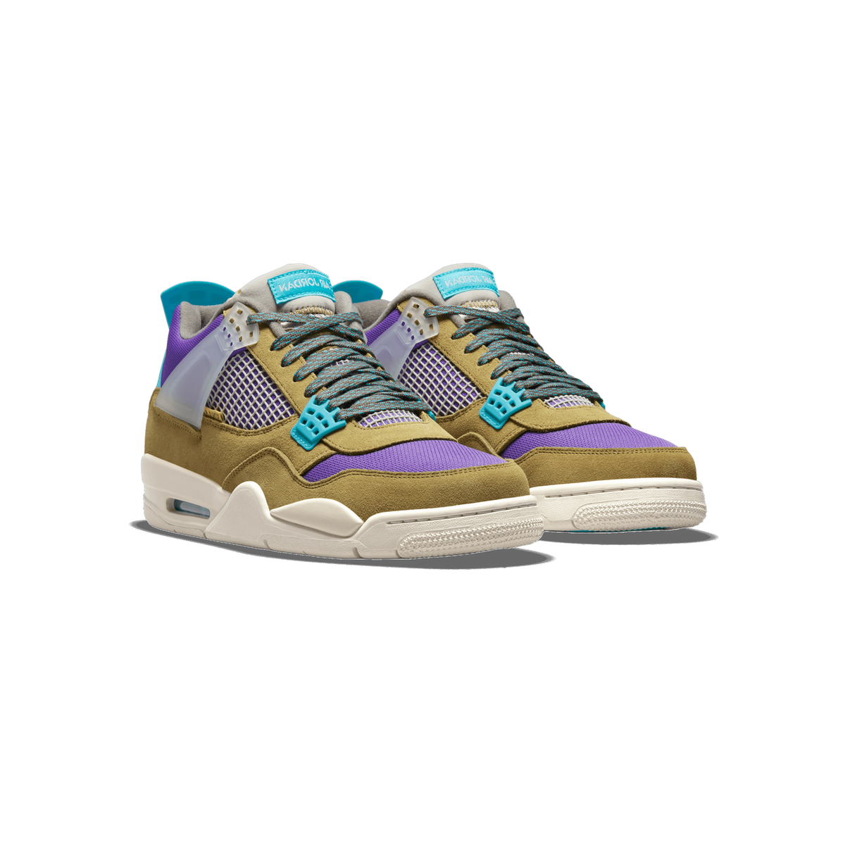 Front angled view of a pair of Air Jordan 4 sneakers in olive suede, purple mesh panels, teal lace locks, and off-white midsoles.