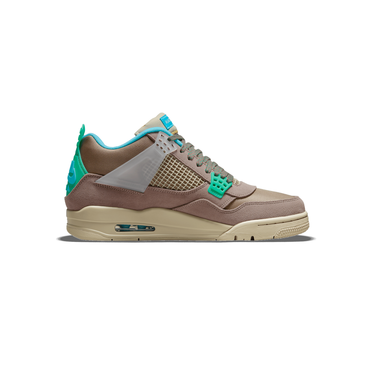Side profile of a single Air Jordan 4 sneaker with the toe pointing left, showing taupe suede overlays, beige mesh panels, teal and green accents on the tongue, heel, and lace locks, and a visible teal Air unit in the midsole.