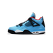 Left blue suede Air Jordan 4 sneaker shown from the side with black speckled wing eyelets, red collar lining, and white and black midsole.