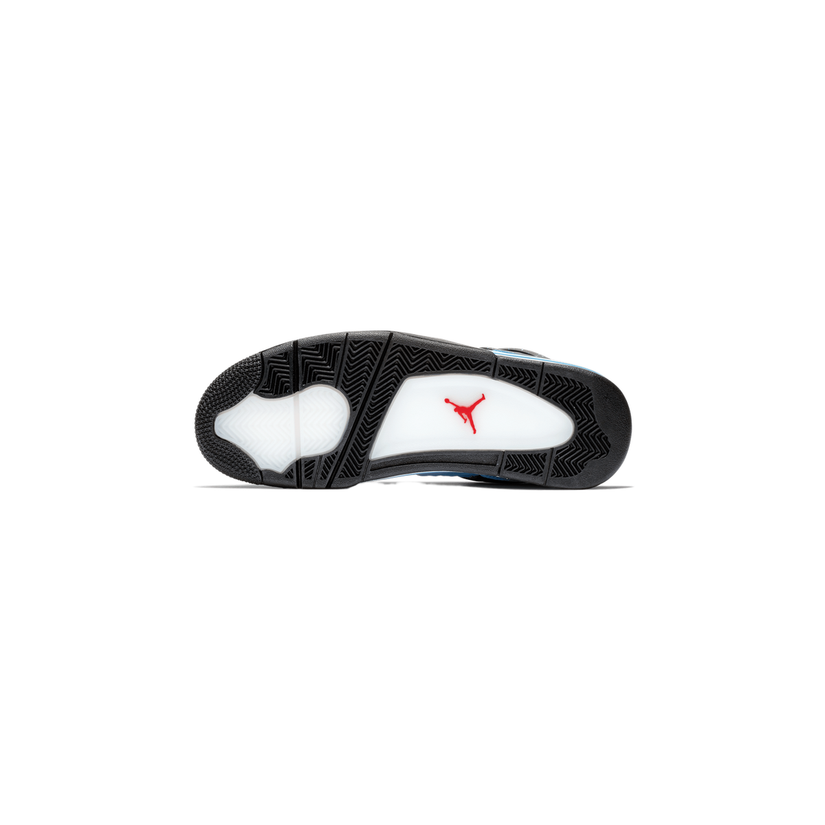 Bottom view of a Jordan 4 Retro sneaker showing a black and white outsole with a red Jumpman logo and blue accents visible near the heel