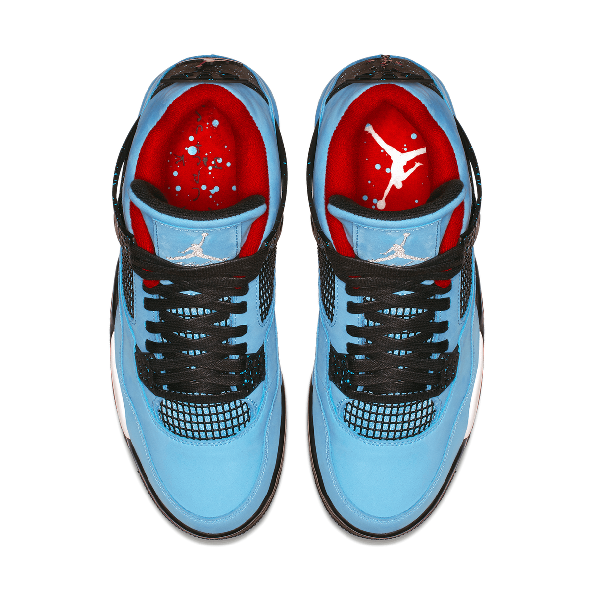 Top-down view of a pair of blue suede Air Jordan 4 sneakers with black laces and netting, red interior lining, and black speckled midsoles.