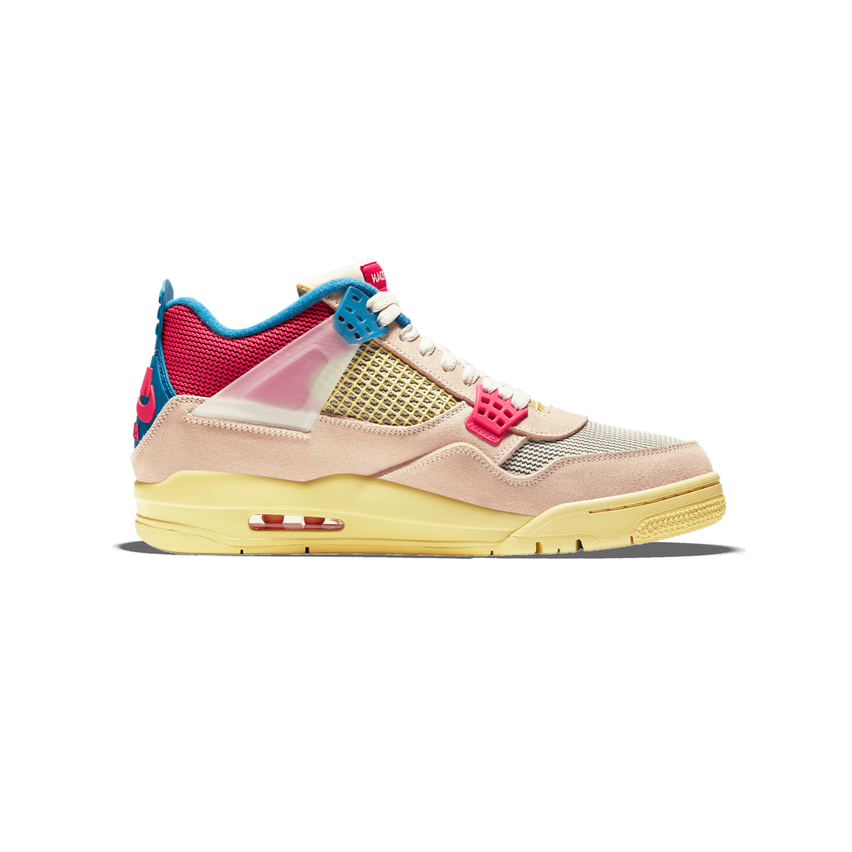 Side profile of a single high-top sneaker with the toe pointing left, showing pink suede panels, a cream mesh upper, yellow midsole and outsole, a red and blue heel tab, and red and blue lace-lock accents.