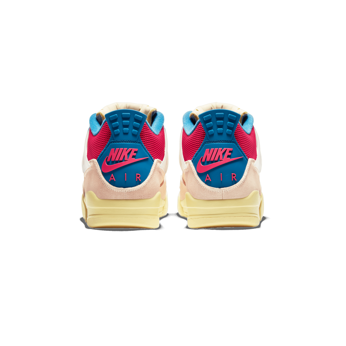 Rear view of a pair of Air Jordan 4 sneakers standing side by side, showing the heel tabs with red Nike Air branding on teal panels, red mesh collars, and pale yellow midsoles.