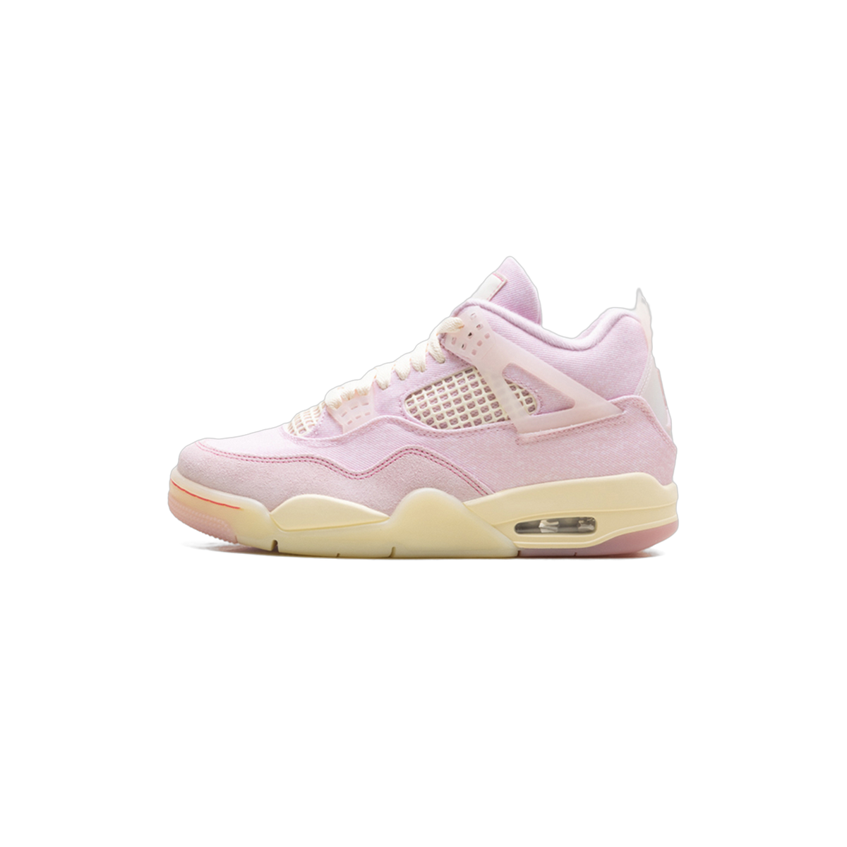 Side view of a pink Air Jordan 4 Retro sneaker with mesh side panels, cream laces, and a cream midsole.
