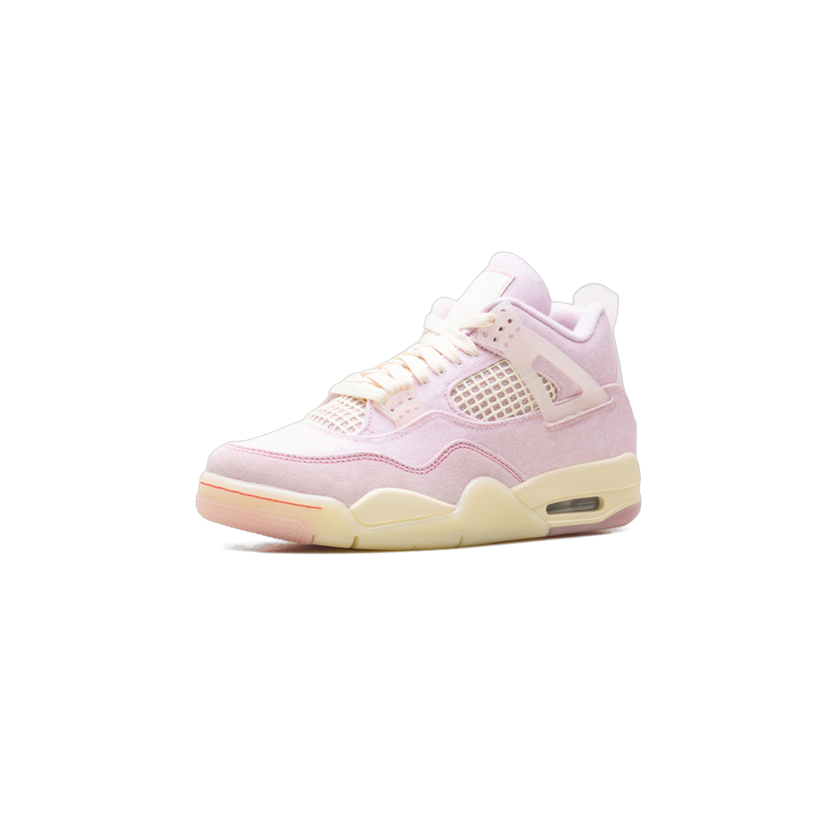 Front-angled view of a pink Air Jordan 4 Retro sneaker with cream laces, mesh side panels, translucent wing eyelets, and a cream midsole.