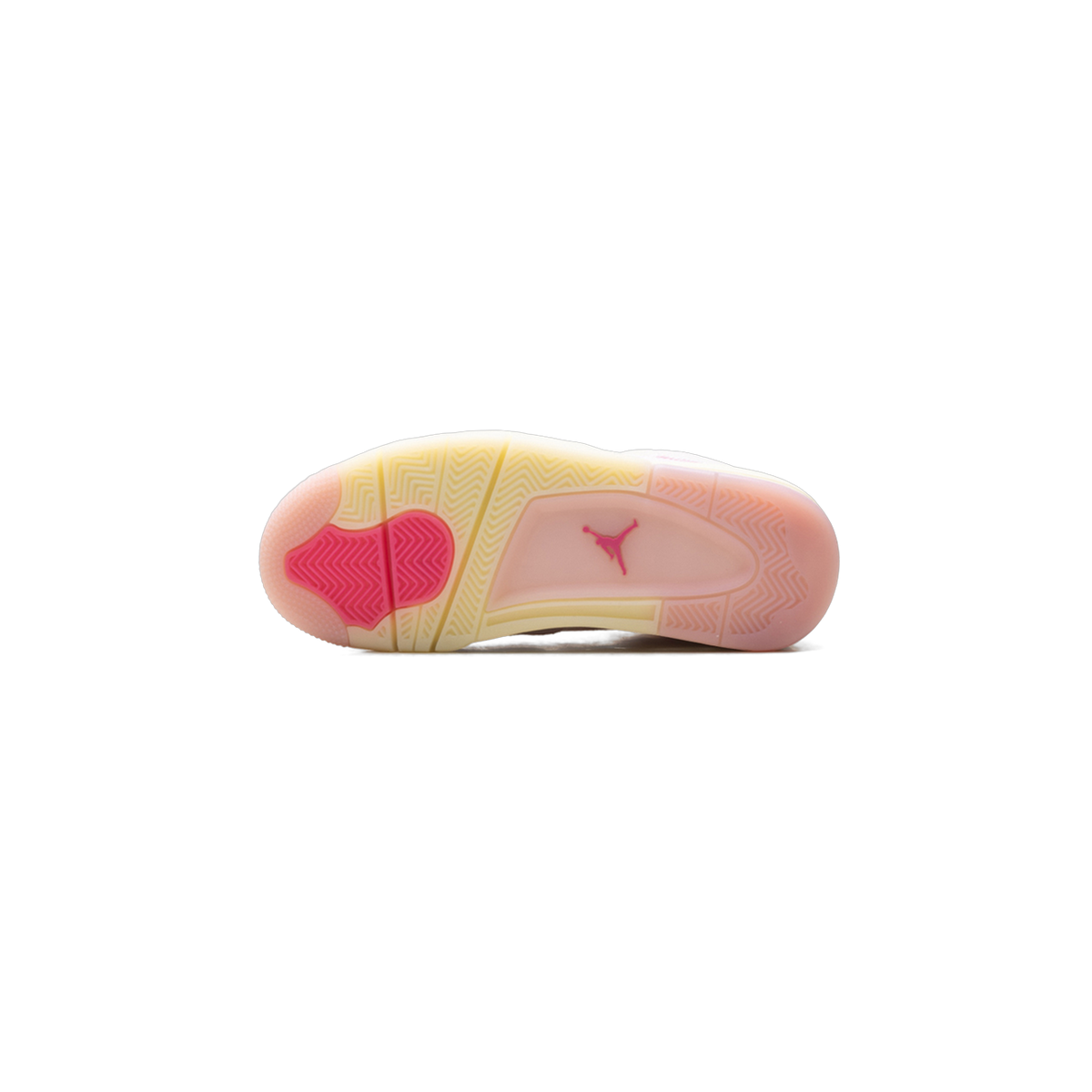 Bottom view of a pink and cream Air Jordan 4 outsole showing the herringbone tread pattern and pink Jumpman logo on the heel.