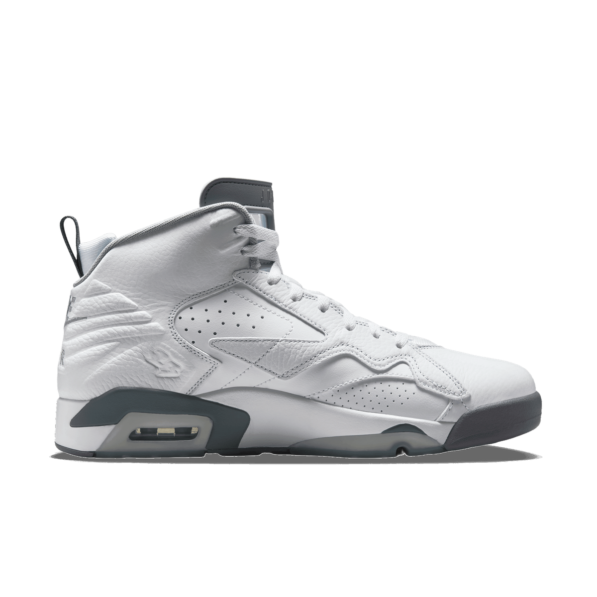 Side view of a white Jordan MVP high-top sneaker with cool grey heel, midsole, and outsole accents.