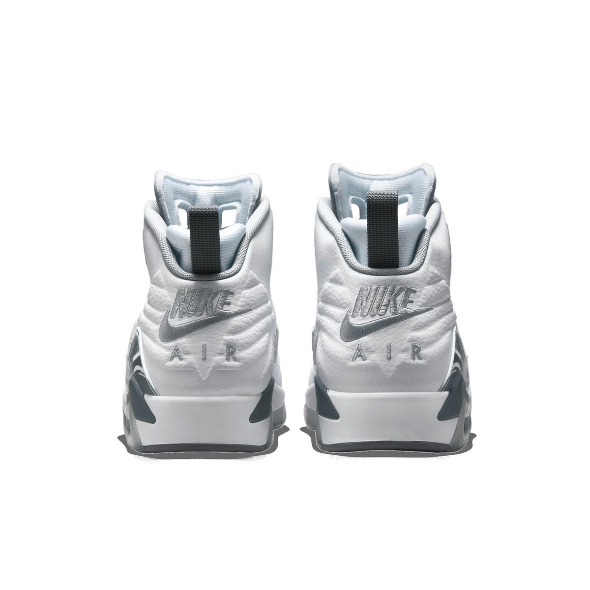 Rear view of a pair of white and cool grey high-top sneakers with embroidered Nike Air logos on the heels and pull-tab loops