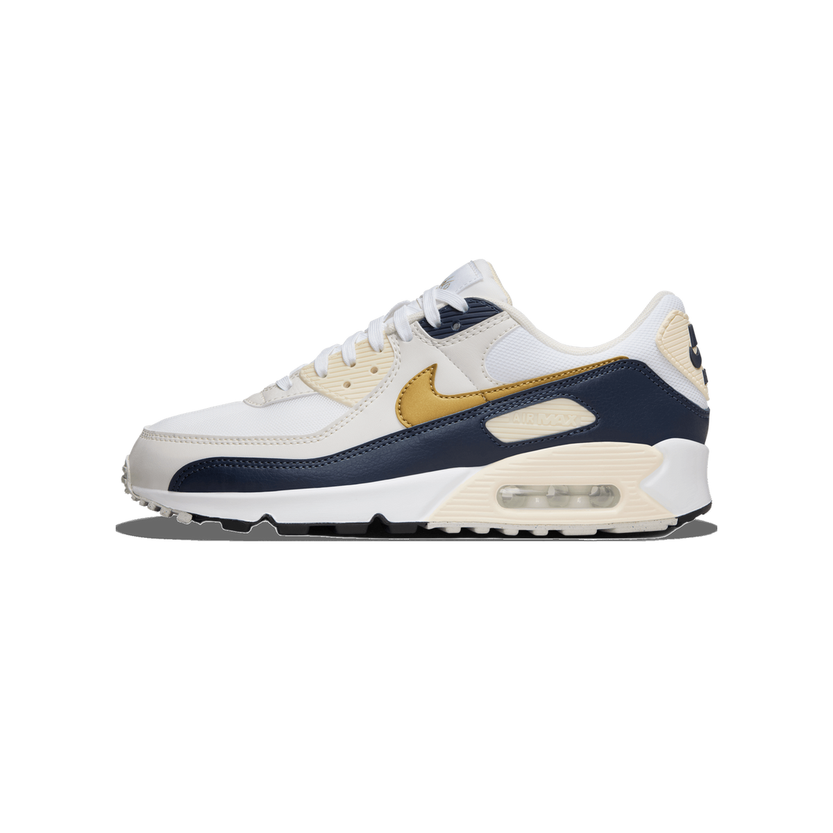 Side view of a white Nike Air Max 90 sneaker with navy overlays, gold Swoosh, visible heel air unit, and cream midsole, toe pointing left.