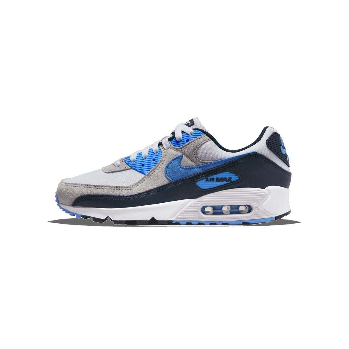 Side view of a Nike Air Max 90 sneaker in white and grey with blue Swoosh and navy heel panel, toe pointing left