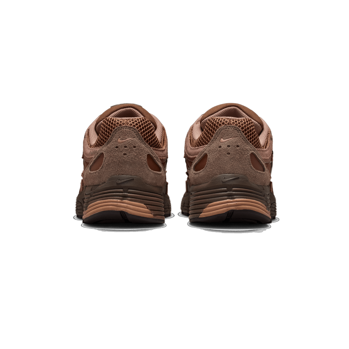 Rear view of a pair of brown suede Nike P-6000 sneakers standing side by side, showing the heel counters with small Swoosh logos, the mesh and suede upper, and the layered brown and tan rubber outsoles.