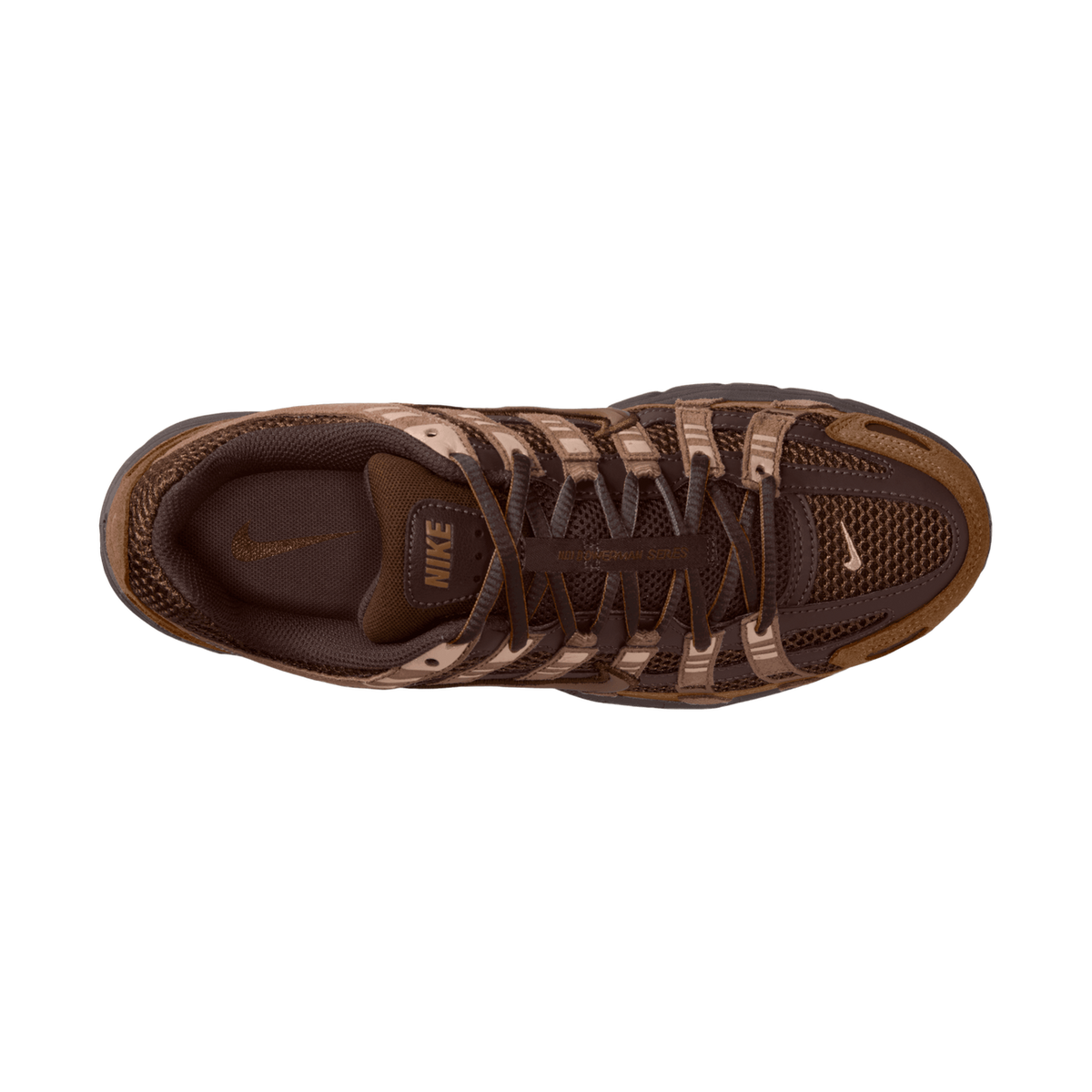 Top-down view of a single brown Nike P-6000 sneaker showing the laces, mesh and suede upper in tan and cacao tones, the padded collar with the Nike logo, and the tongue reading 'NIKE'.