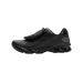 Side view of a black ASICS Gel-Kayano 14 sneaker with toe pointing left, featuring a textured upper, fabric overlay strap, printed text detailing near the heel, and a black chunky outsole.
