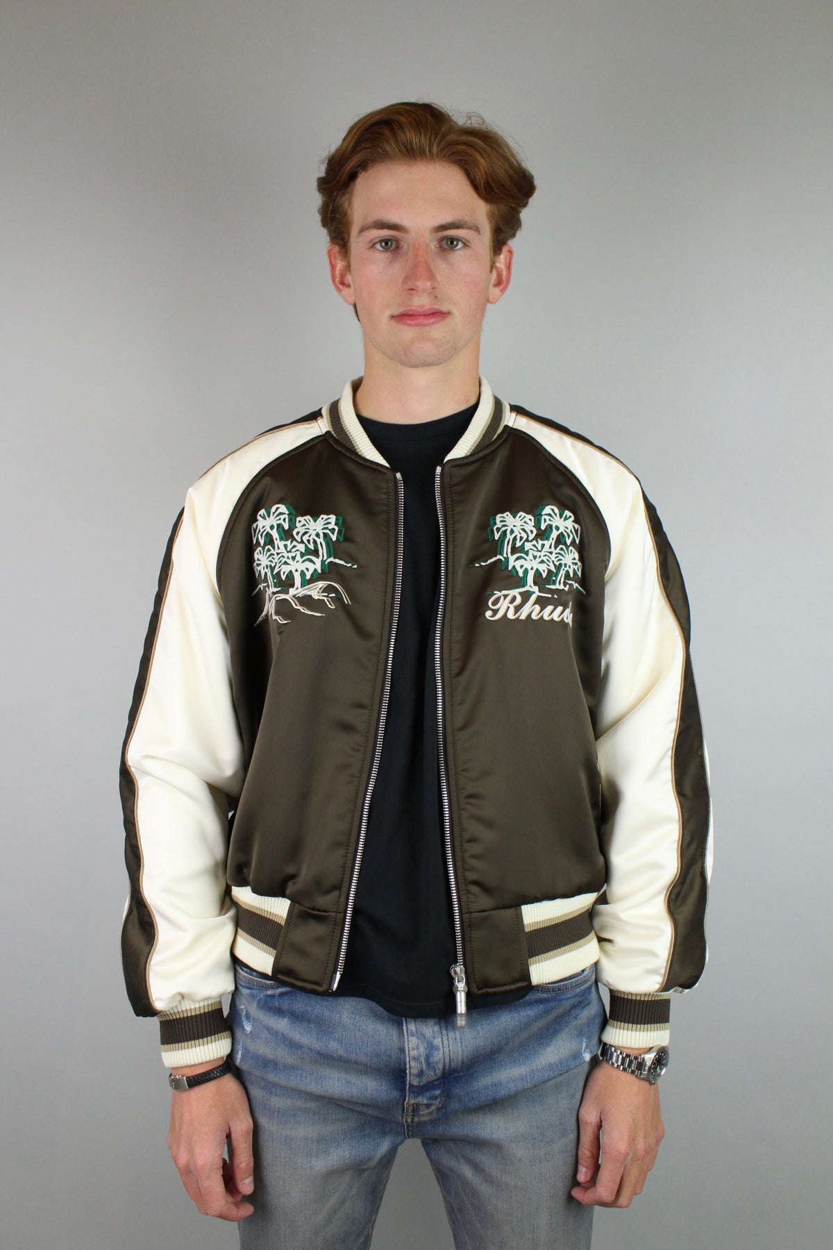 Rhude Souvenir Varsity Bomber Jacket 'Brown/White'-9363677413706-The Attic