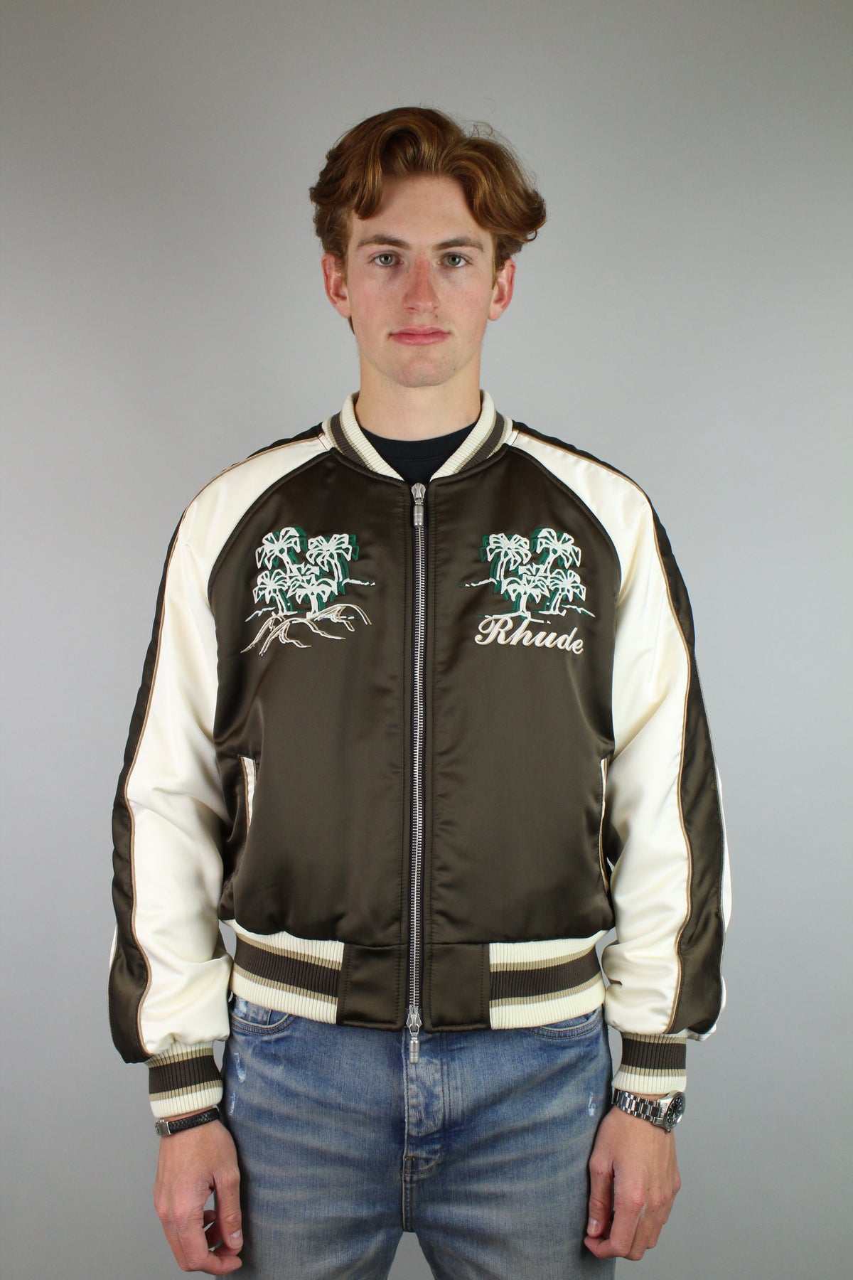 Rhude Souvenir Varsity Bomber Jacket 'Brown/White'-9363677413706-The Attic