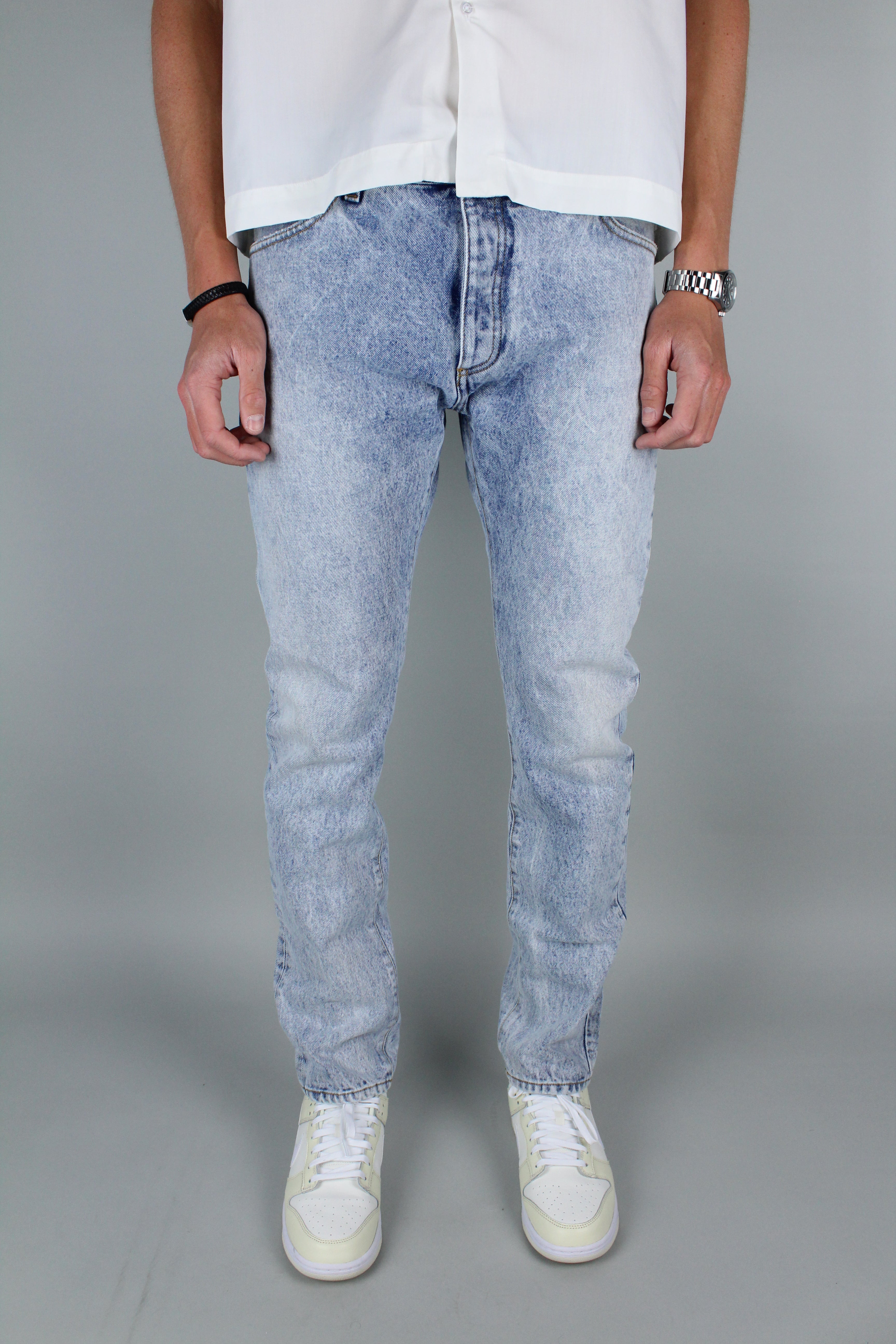 Palm Angels Curved Logo Print Straight Fit Jeans (Light Blue)-8435696730442-The Attic