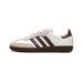Side view of an off-white Adidas Samba OG sneaker with brown three-stripe overlays, brown heel patch, tan suede accents, and gum rubber sole.