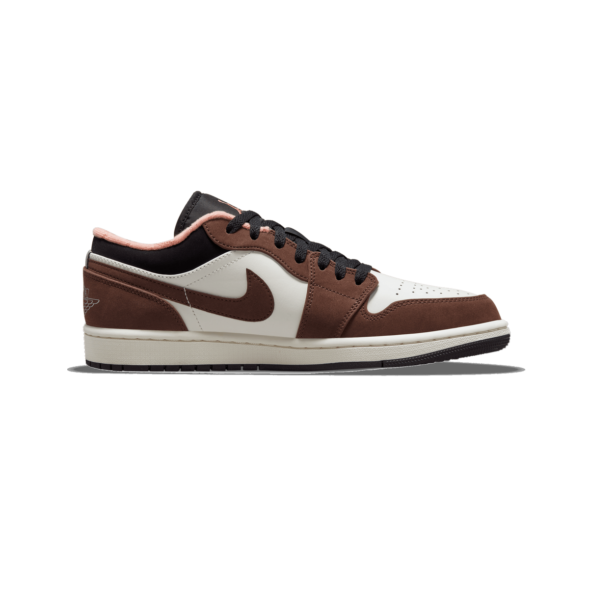 Side view of a brown and white Air Jordan 1 Low sneaker with black laces, a peach-trimmed collar, and a brown Swoosh logo, toe pointing left