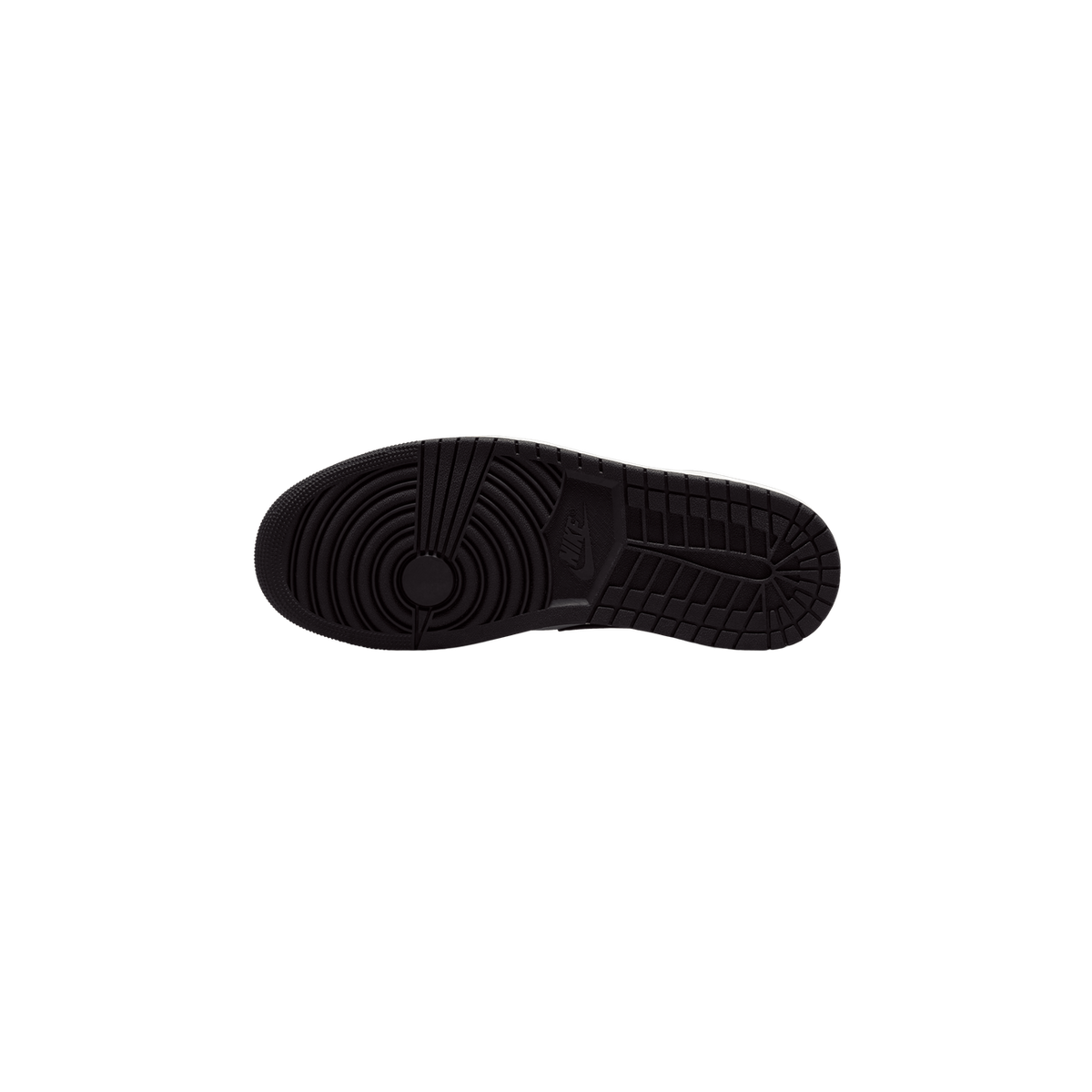 Bottom view of a single sneaker showing the black rubber outsole with Nike logo and circular traction pattern