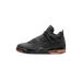 Side view of a black Jordan 4 Retro sneaker with mesh side panel, burgundy accents on the heel tab and midsole, and a translucent amber-tinted outsole window.