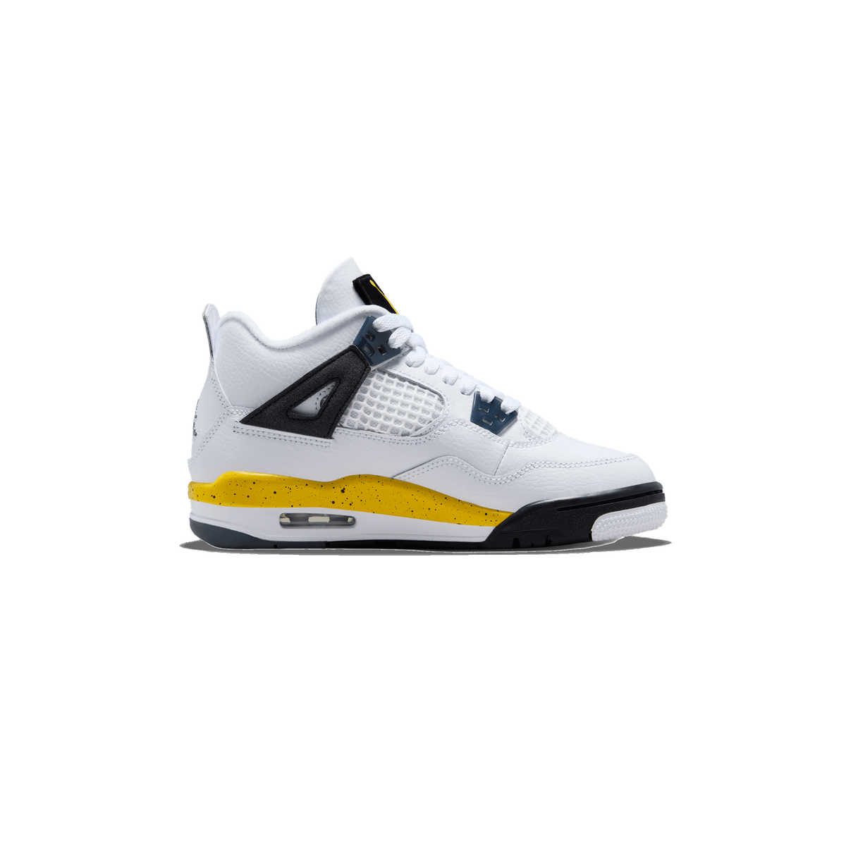 Left white Jordan 4 Retro sneaker with black wing eyelets, mesh panel, and a yellow speckled midsole, shown from the outer side with toe pointing left.
