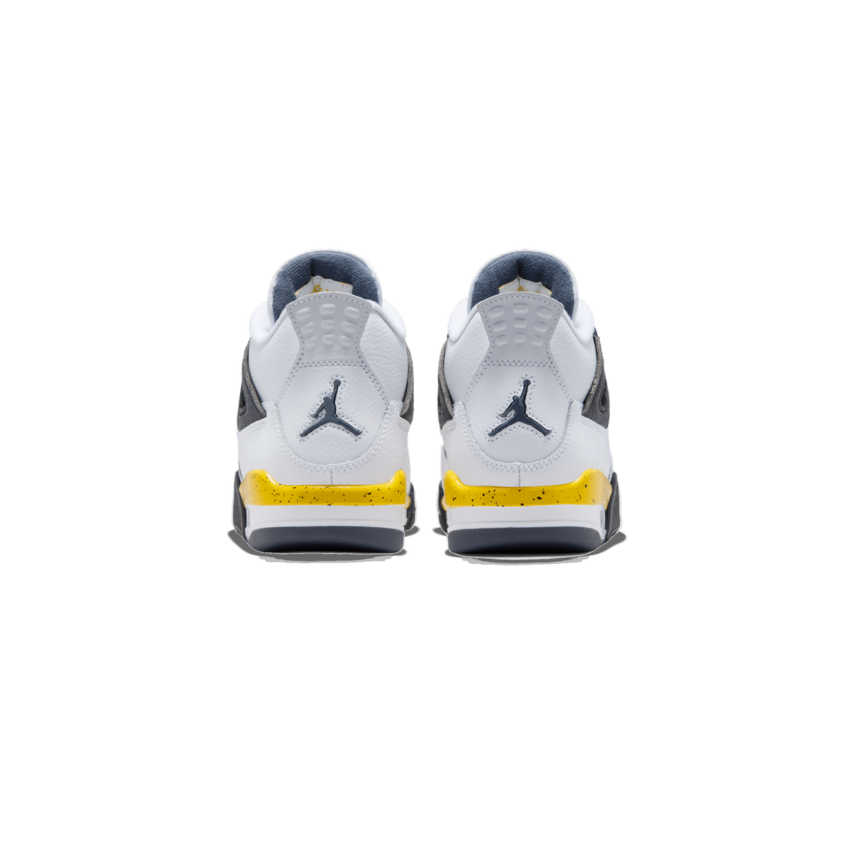 Rear view of a pair of white Jordan 4 Retro sneakers with grey suede panels, yellow speckled heel tabs, dark grey soles, and the Jumpman logo on each heel.