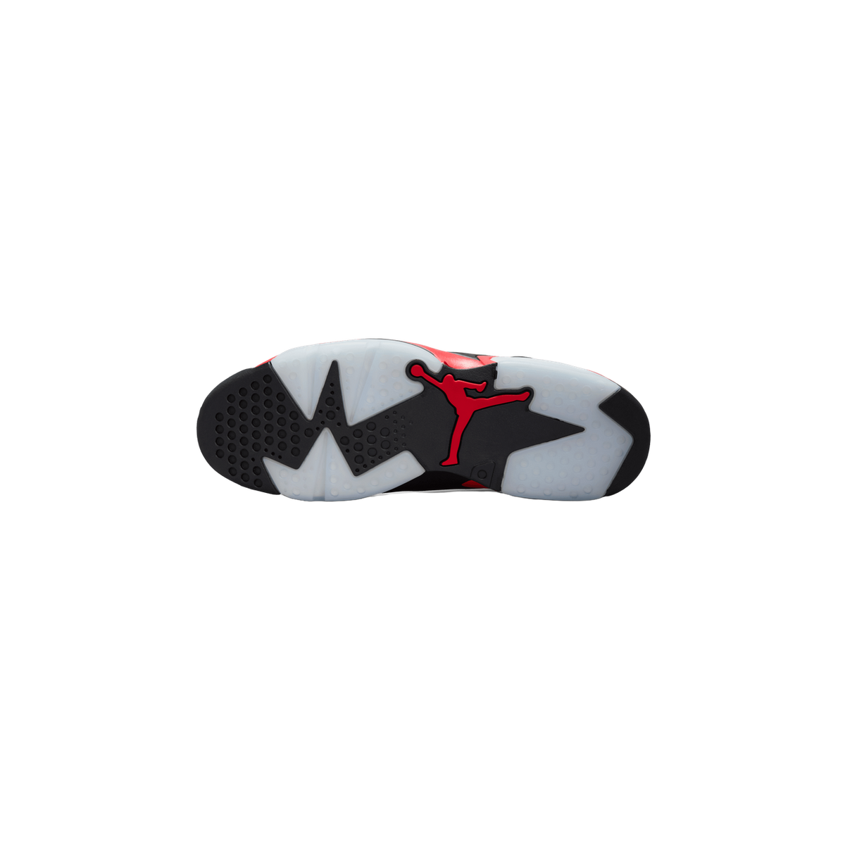 Bottom view of a Jordan 6 Retro Infrared Salesman sneaker showing the black and translucent outsole with a red Jumpman logo.