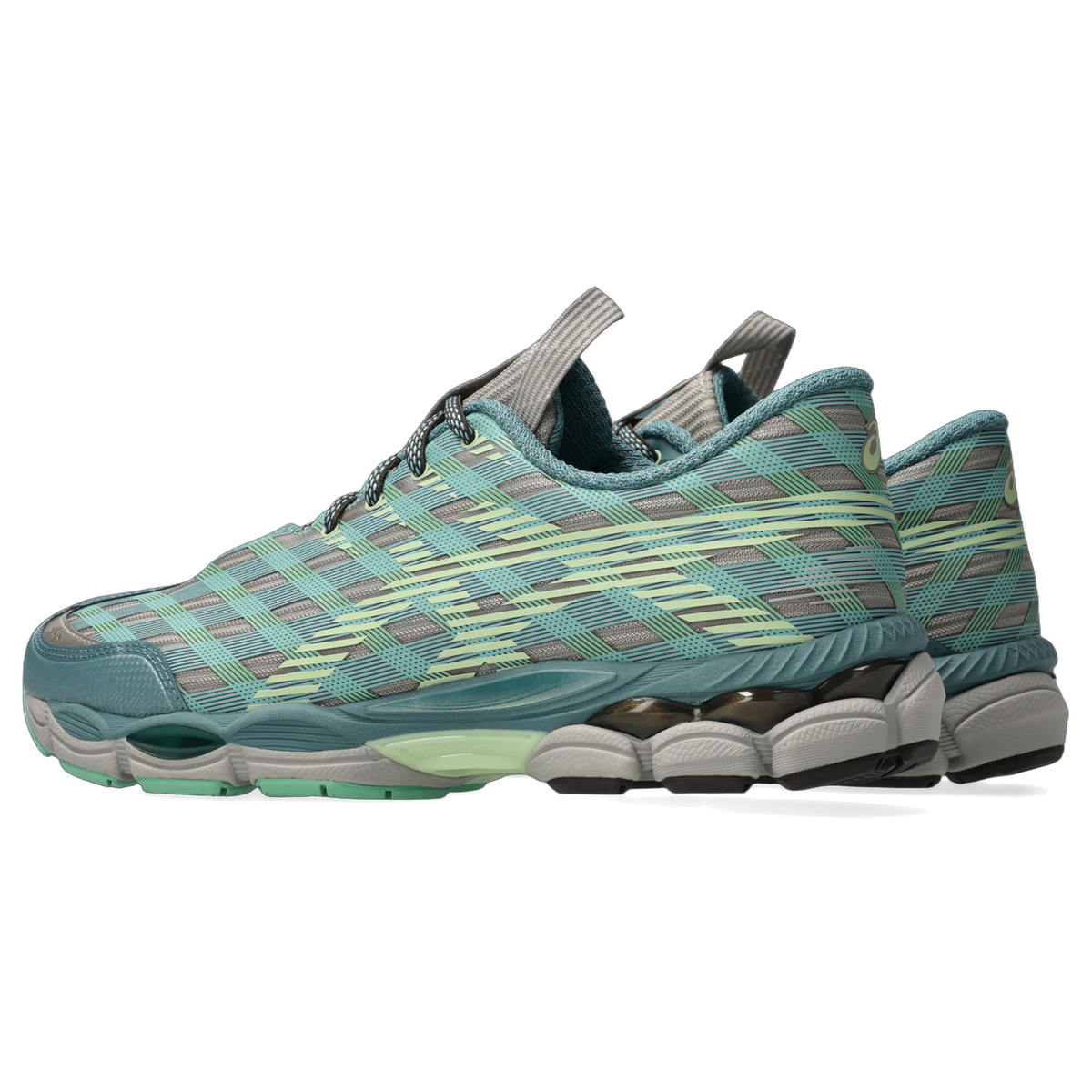 Side view of a pair of teal and gray Asics Gel-SJ33 sneakers with a crosshatch pattern upper and segmented gray and mint midsole, toes pointing left.