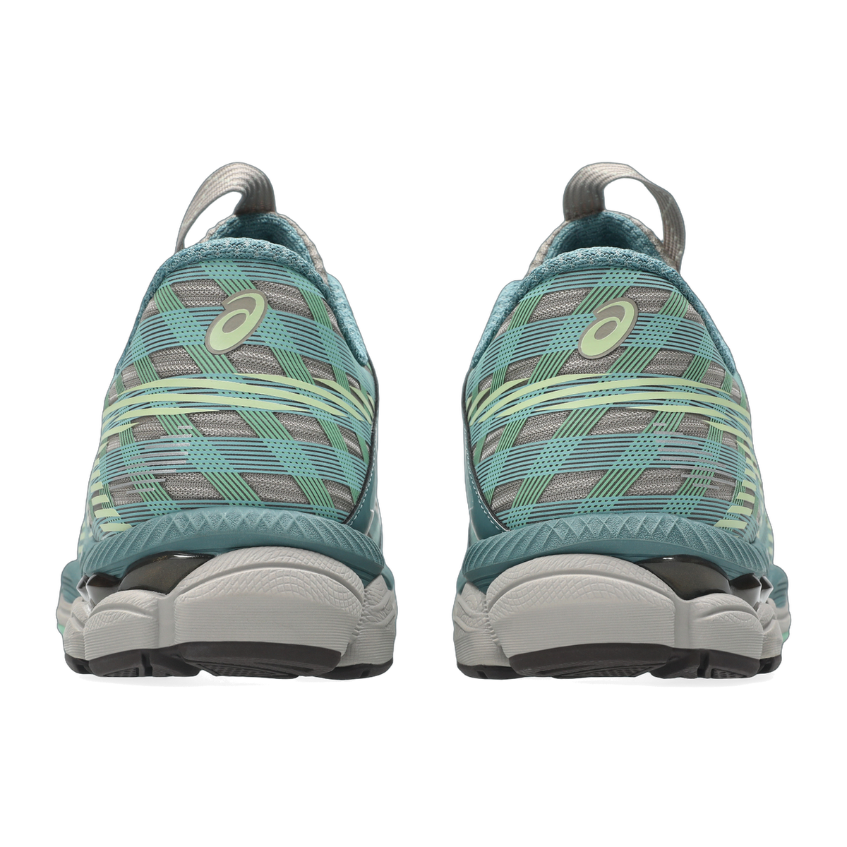 Rear view of a pair of teal and gray Asics Gel-SJ33 sneakers showing the heel pull tabs and crisscross textile pattern with light green Asics logos