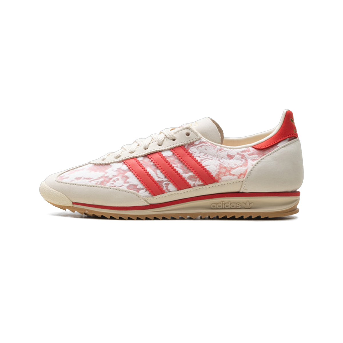 Side view of a white and red floral-print Adidas SL 72 sneaker with red stripes, cream suede overlays, and a gum outsole