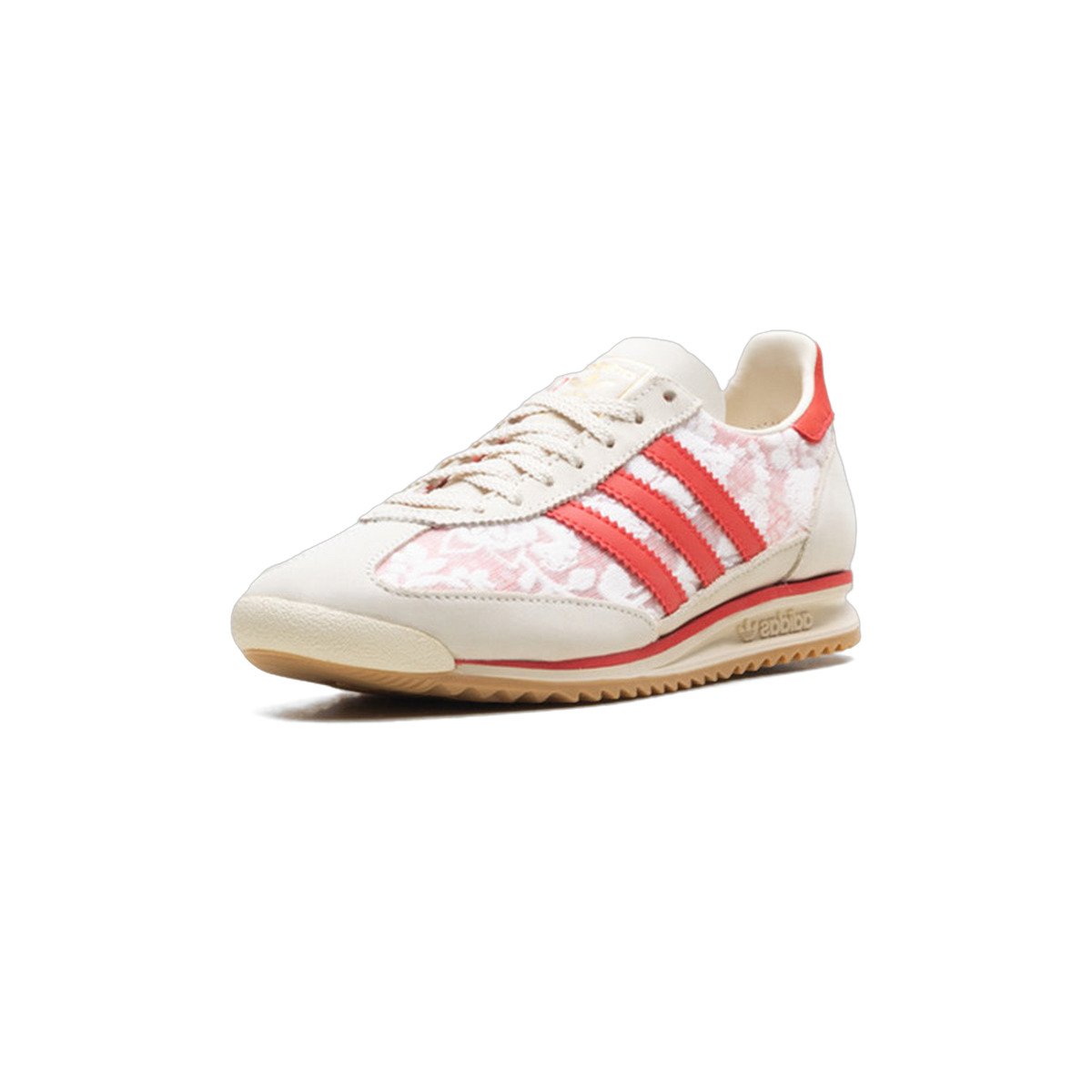 Front-angled view of an Adidas SL 72 sneaker with cream leather panels, red floral-print fabric, red three stripes and heel tab, and a gum outsole.