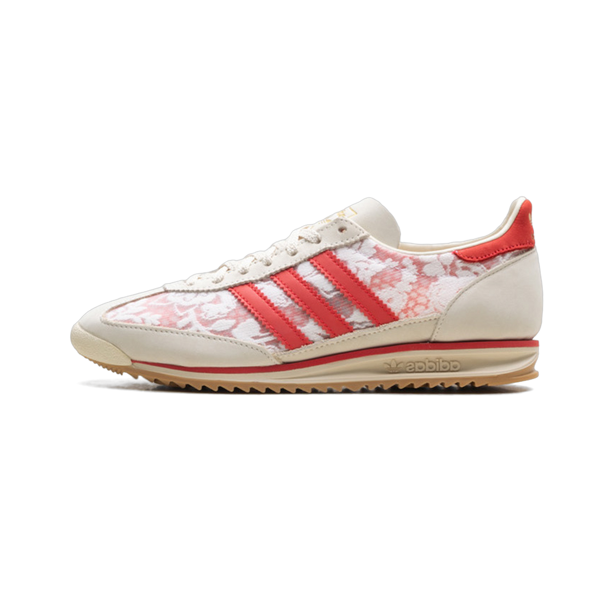 Side view of a cream and red Adidas SL 72 sneaker with a floral print upper, red suede heel tab, and gum outsole.