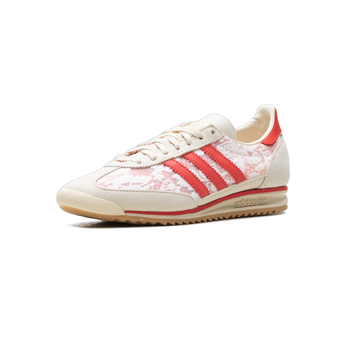 Angled side view of an Adidas SL 72 sneaker with cream suede overlays, red floral print panels, red three-stripe branding, and a gum outsole.