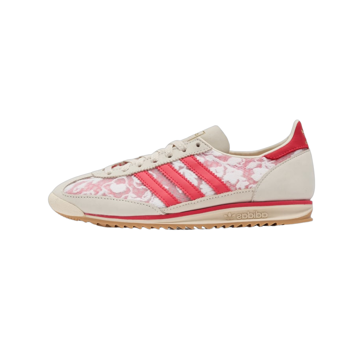 Side view of an Adidas SL 72 sneaker with cream suede overlays, red floral print panels, red stripes and heel tab, and a gum outsole.