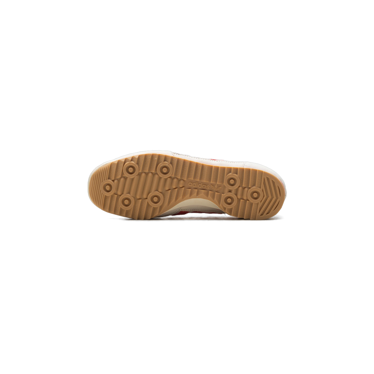 Bottom view of an Adidas SL 72 sneaker showing a gum rubber outsole with circular tread pattern and adidas trefoil logo, with white and red upper visible at the edges.
