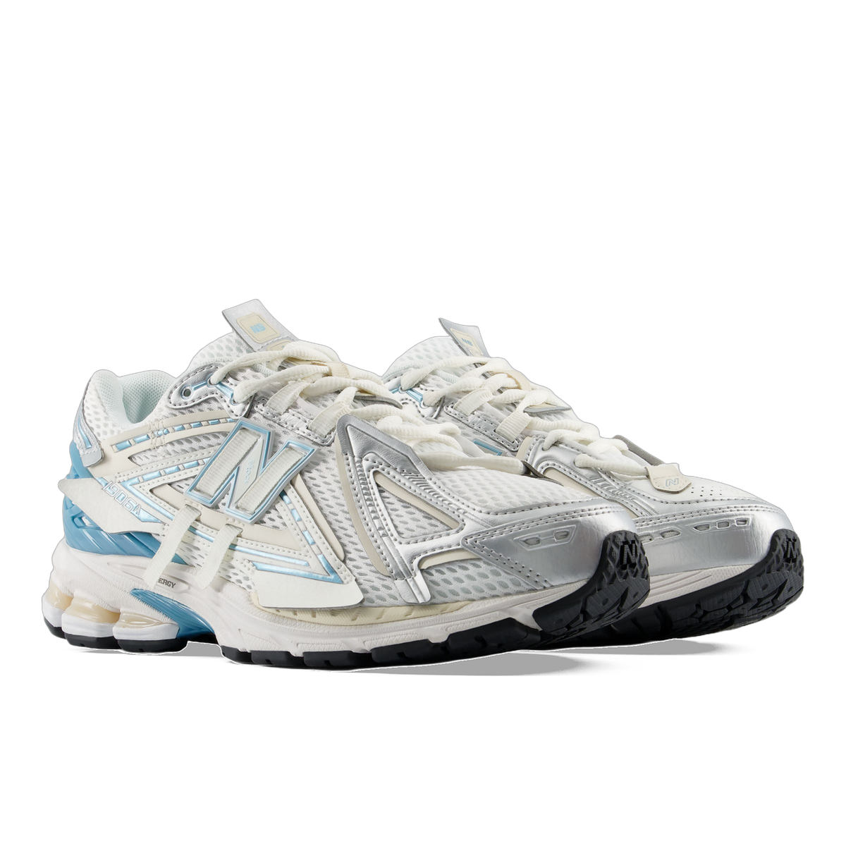 Pair of New Balance 1906A sneakers in white, silver, and blue shown from a front side angle with mesh upper and black outsole