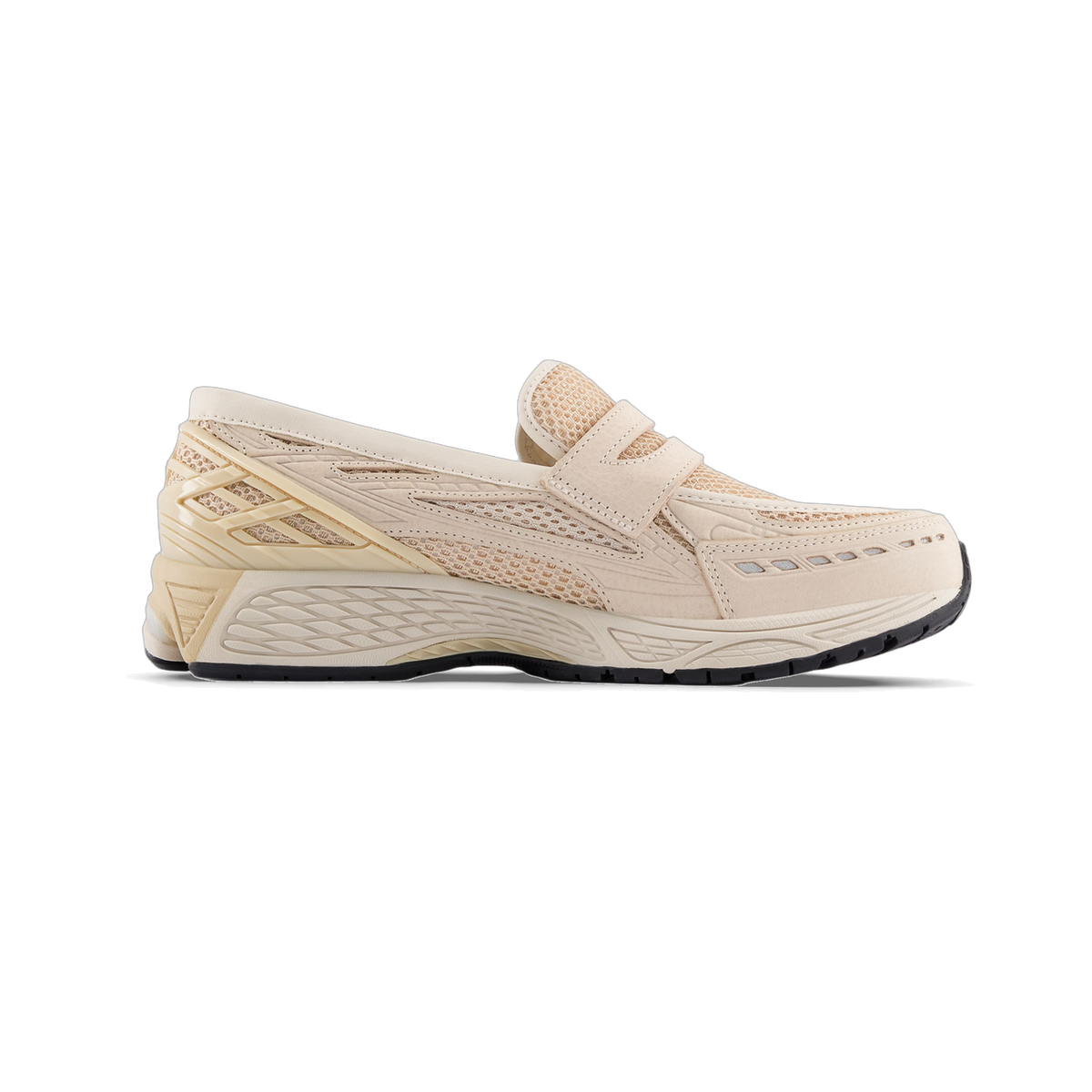 Side view of a beige New Balance 1906L sneaker with mesh panels, a strap across the tongue, and a chunky translucent cream midsole over a black outsole, toe pointing left.
