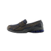 Side view of a gray and navy New Balance 1906L slip-on sneaker with a loafer-style strap and blue visible cushioning sole, facing left.