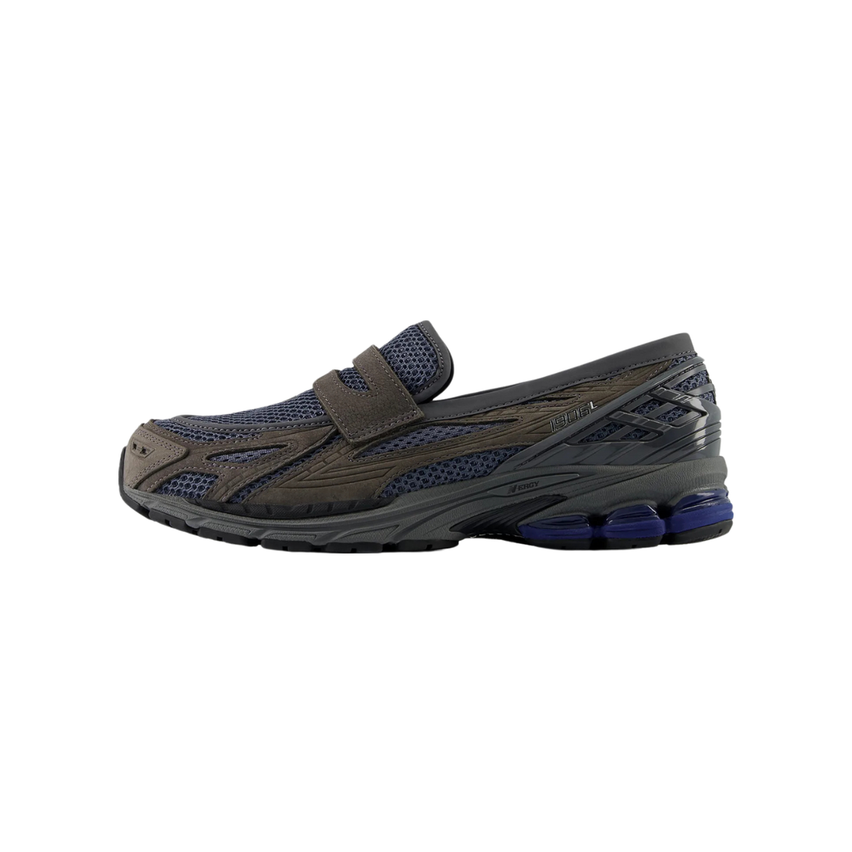 Side view of a gray and navy New Balance 1906L slip-on sneaker with a loafer-style strap and blue visible cushioning sole, facing left.
