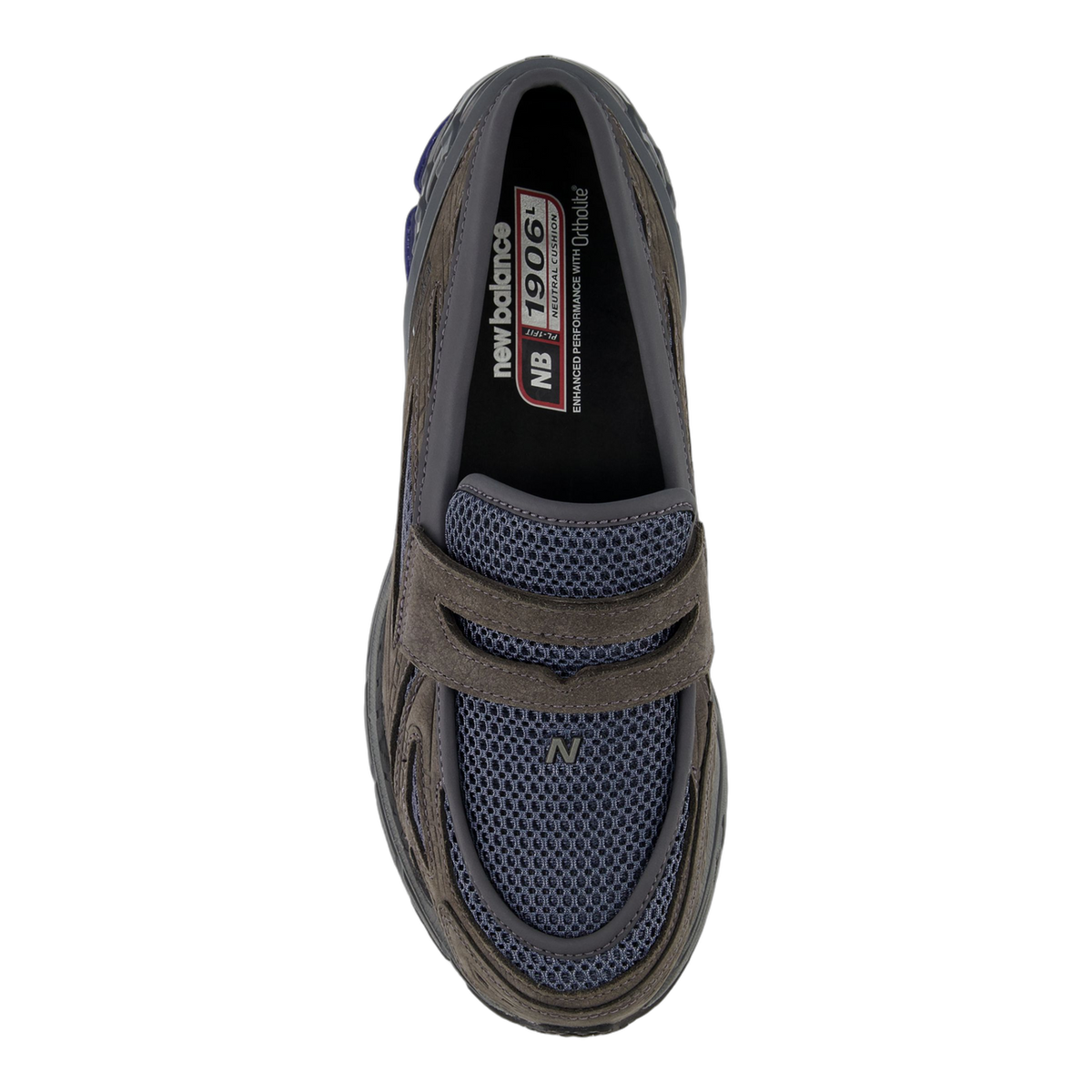 Top-down view of a gray New Balance 1906L sneaker showing the mesh upper, velcro strap closure, and branded insole with 1906L logo.