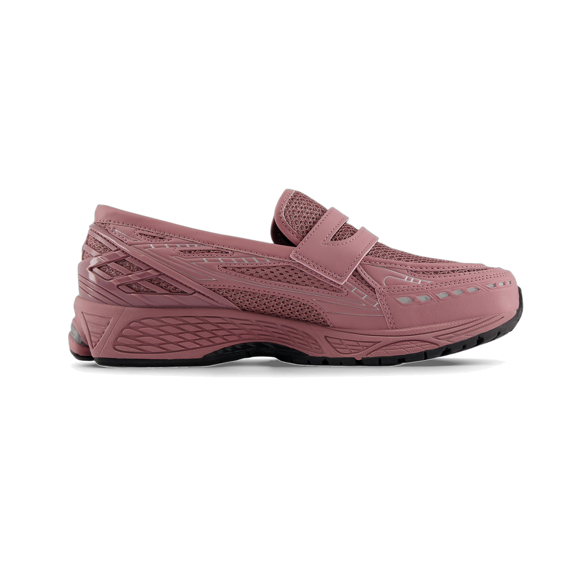 Side view of a pink New Balance 1906L sneaker with a loafer-style strap, mesh paneling, and a thick black outsole, toe pointing right.