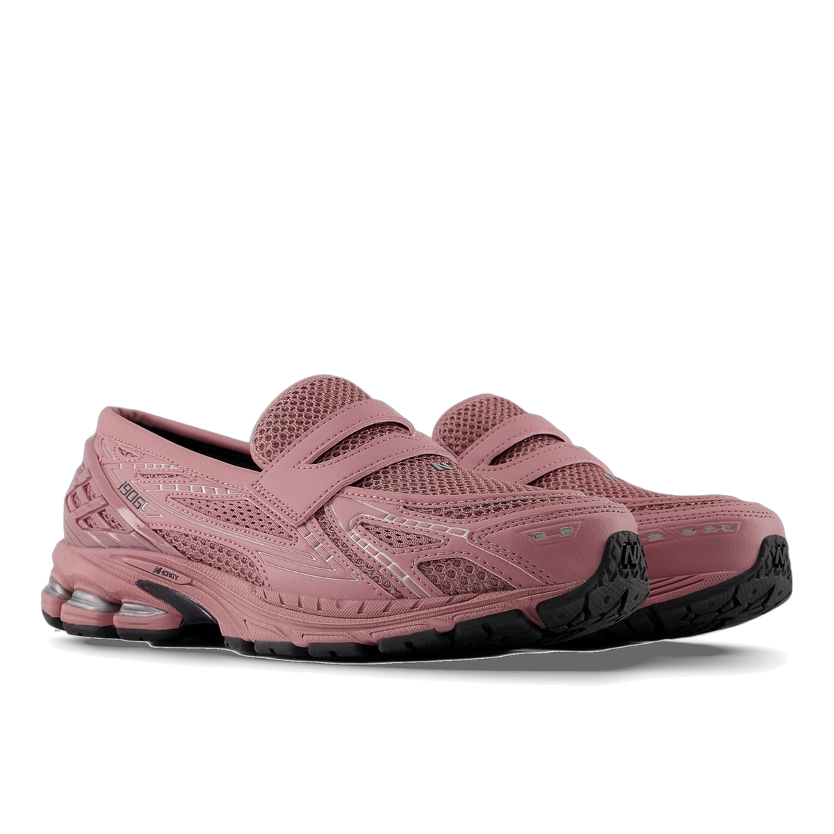 Pair of pink New Balance 1906L sneakers with mesh panels, strap closures, black outsoles, and visible N-ERGY cushioning, angled toward the left