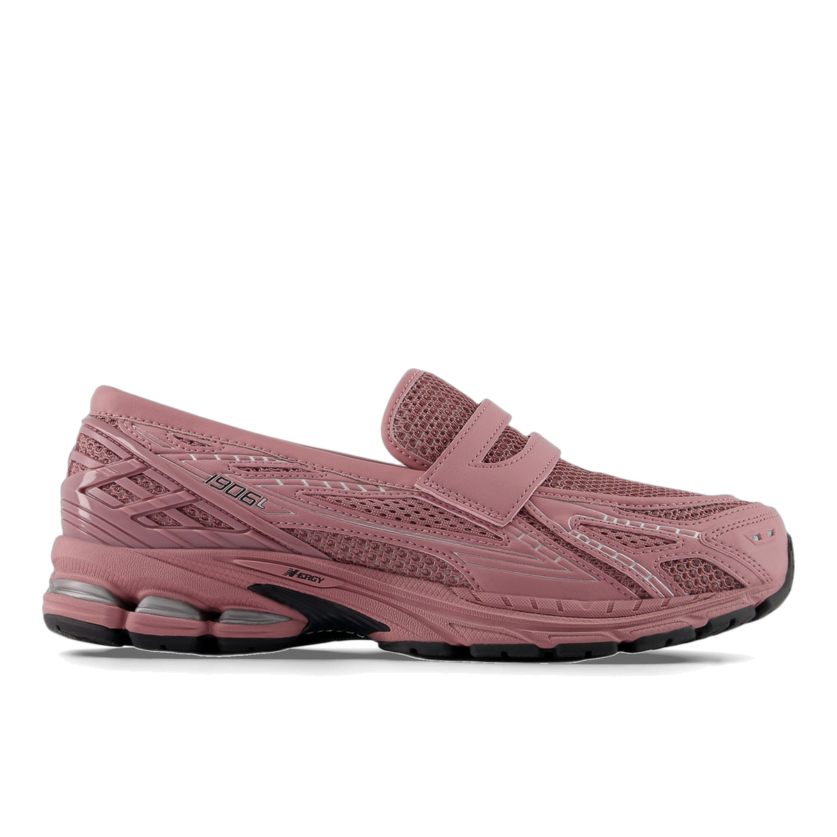Side view of a pink New Balance 1906L sneaker with a mesh upper, slip-on strap closure instead of laces, and a chunky black and grey outsole